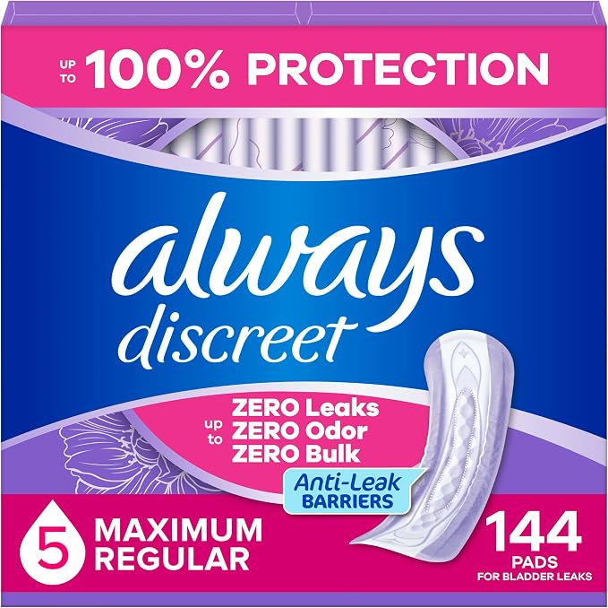 Always Discreet Adult Incontinence Pads for Women, Maximum Absorbency, Regular Length, Postpartum Pads, Up to 100% Bladder Leak Protection, 144 Count