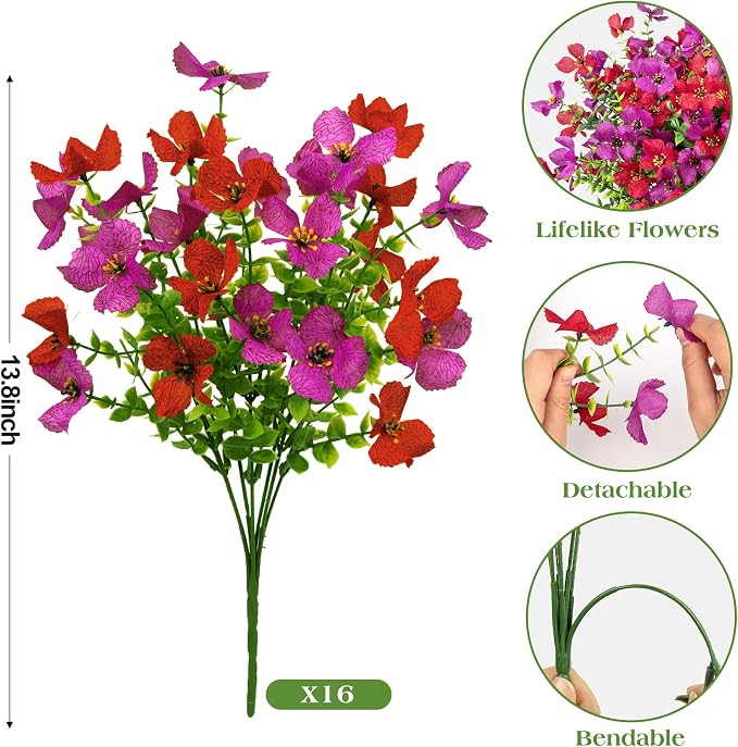 Ouddy Decor 16 Pcs Artificial Flowers for Outdoors Decoration, Purple & Red | Realistic, silk flowers, faux plastic plants, UV resistant, for summer garden porch window vase indoor outdoor home decor