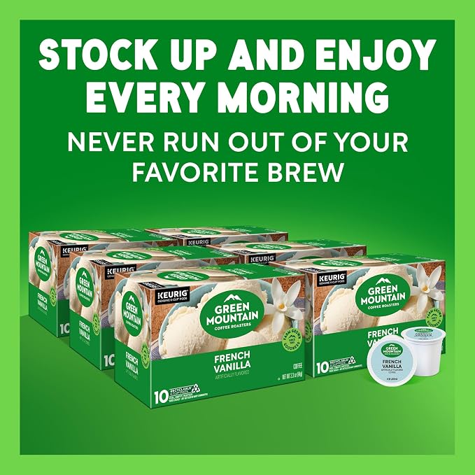 Green Mountain Coffee Roasters French Vanilla Keurig Single-Serve K-Cup pods, Light Roast Coffee, 60 Count (6 Packs of 10)
