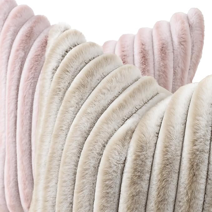 decorUhome Fall Faux Fur Throw Pillow Covers 18x18 Set of 2 Beige White | Decorative Soft Cozy Striped Plush Modern Farmhouse Boho Couch Pillow Cases Velvet Back for Sofa Bed Living Room Home Decor