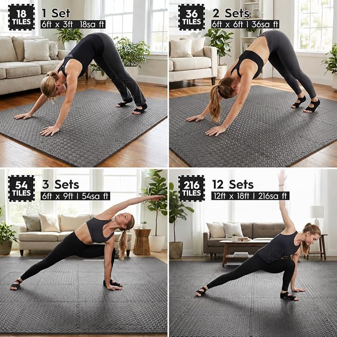 18pcs Puzzle Exercise Mat, 12.6"x12.6"x0.4", 18sqft EVA Interlocking Foam Floor Tiles, Protective, Water-Resistant Flooring for Home Gym & Workout Equipment