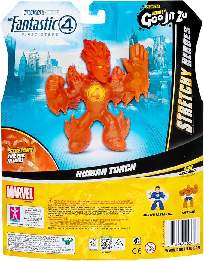 Heroes of Goo Jit Zu Marvel Studios The Fantastic 4 First Steps, Human Torch Stretchy, Fire Foil Filled 4.5" / 11.4 CM Action Figure, with Unique Goo Fillings 3 to Collect