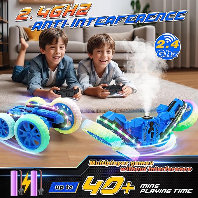 Jimdella RC Cars Toys, 2-in-1 Remote Control Car Transform 4WD with Spray & LED Lights, 2.4GHz Off-Road Stunt Truck for 360° Flips Gift for Boys Age 8-12 (Blue)