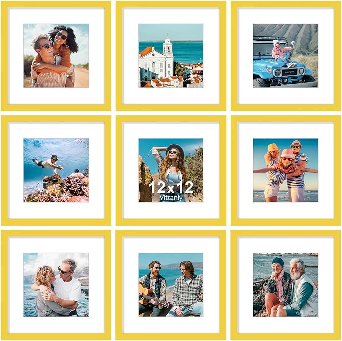 Vittanly 12x12 Picture Frames Set of 9 for Wall Mounting, Yellow | Display Pictures 8x8 with Mat or 12x12 without Mat for Wall Mounting, Square Photo Frames for Home Decor, Engineered Wood