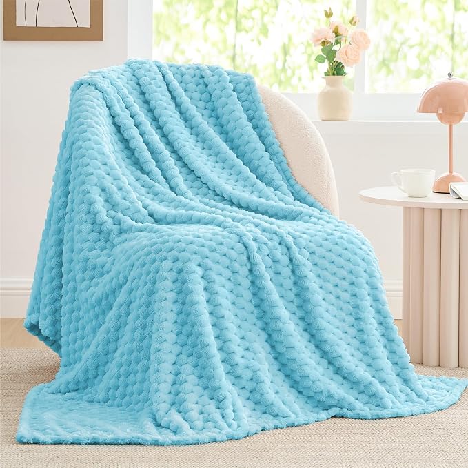 BEDELITE Light Blue Twin Blanket for Couch, Soft Cozy Gift for Women, 60*80 | 3D Jacquard Decorative Fleece Blanket, Super Soft Plush Throws, Cute Birthday Gift for Women & Men, Suitable for All Seasons