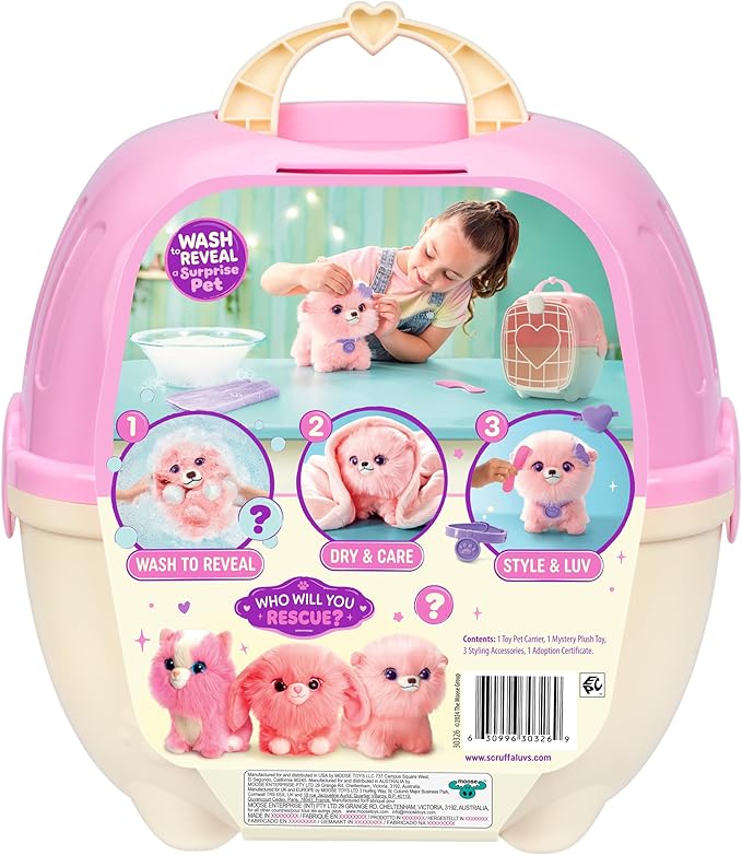 SCRUFFALUVS Pet Scruffs Pink - Mystery Plush Toy, 7.5" Tall - Wash to Reveal 1 of 3 Rescue Pets: Puppy, Bunny, or Kitty - Includes 8.7" Deluxe Pet Carrier - Styles May Vary