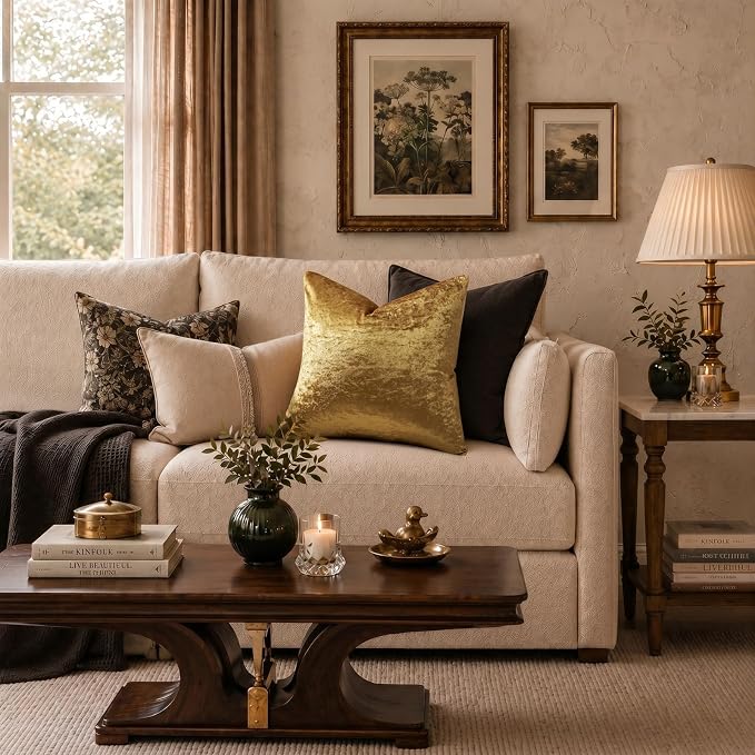 GIGIZAZA Crushed Gold Velvet Throw Pillow Covers 18x18 Pack of 2 | Decorative Pillows for Couch Sofa,280gsm Soft Textured Fabric,Modern Square Pillowcases,Luxury Cushion Covers