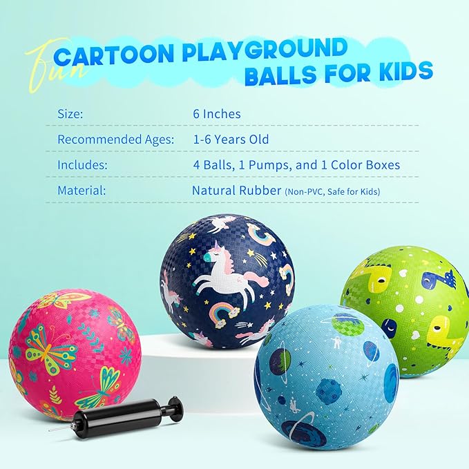 ZOOJOY Pack of 4 Playground Balls, 6" Rubber Bouncy Kickball Set for Toddlers Ages 1-6, Indoor & Outdoor Dodgeball Balls for Kids with 2 Hand Pumps & Gift Boxes – Fun School & Party Toys