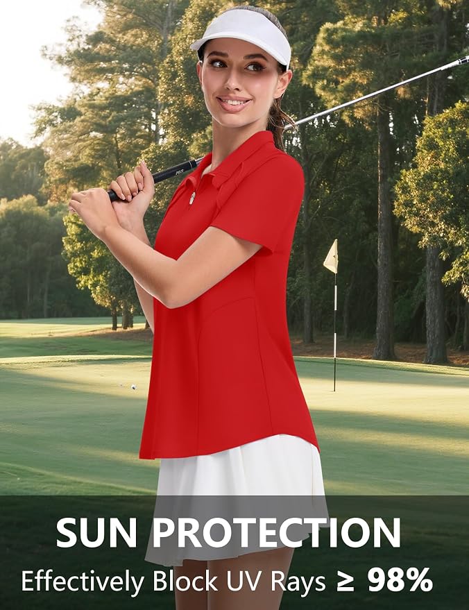 LOMON Womens Golf Polo Shirt Summer Short Sleeve Quarter Zip Outfit | Side-Pockets,Princess Seams,Cotton,Wrinkle Free,Moisture Wicking,Quick-Dry,Lightweight,Collared,for Tennis Workout
