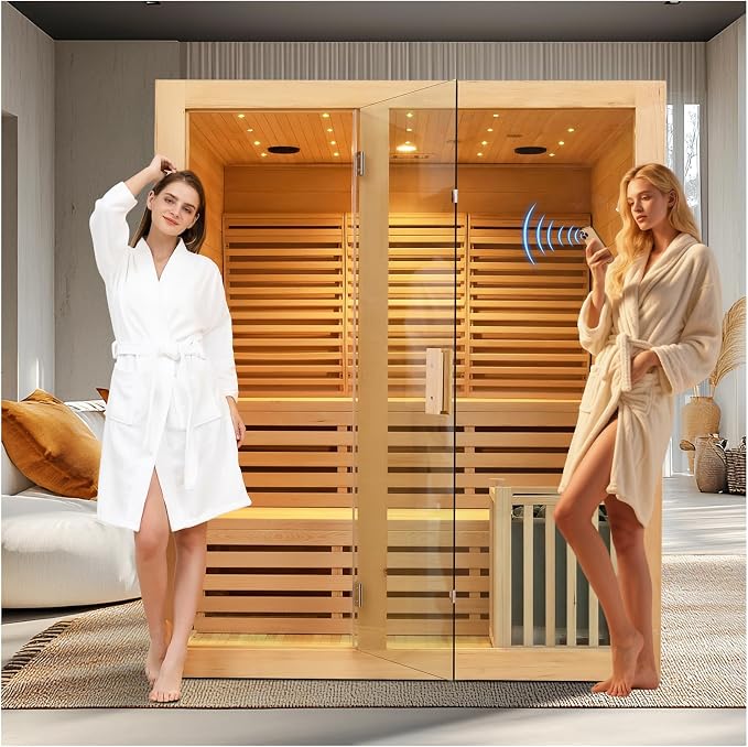 ZONEMEL Wooden Steam Sauna Room, 4 to 5 Person Canadian Hemlock Luxurious Indoor Sauna with 6 KW Harvia Stove Heater, Sauna Stone, Wooden Bucket, Scoop, Reading Light, WiFi Control, 220V, 195℉