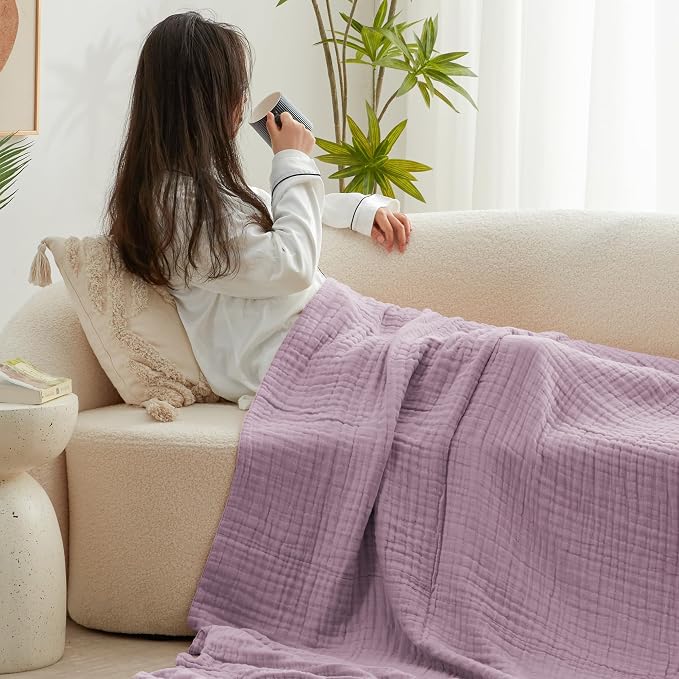 Love's cabin 100% Cotton Muslin Blanket, 6 Layer Lightweight Breathable Gauze Queen Size Blanket 90 x 90 Inches, Soft All Season Blanket for Bed, Lavender
