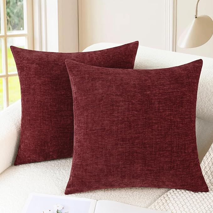 CaliTime Decorative Couch Throw Pillow Covers 16 X 16 Inches Burgundy | Pack of 2, Cozy Chenille Cushion Cases for Sofa Bed Living Room Farmhouse Home