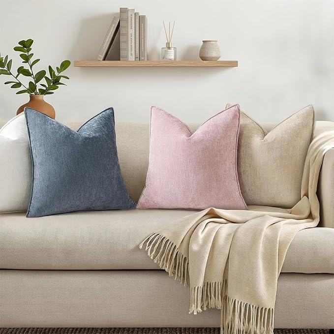 decorUhome Chenille Haze Blue Velvet Throw Pillow Covers 22x22 Set of 2 | Fall Soft Euro Sham Couch Decorative Modern Farmhouse Pillow Cases with Elegant Design for Sofa Bed Living Room Home Decor