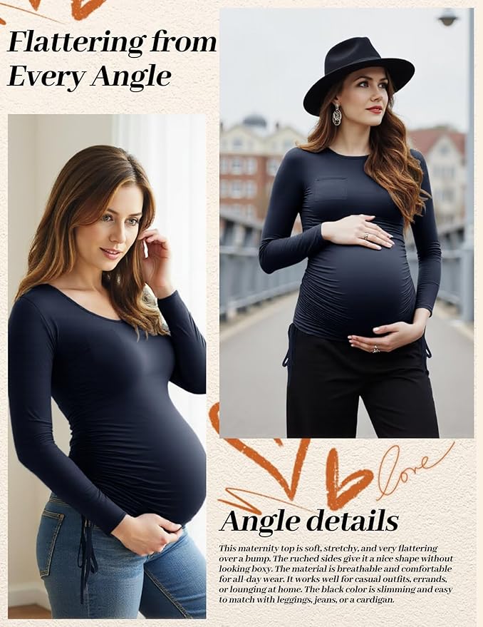 Fotociti Maternity Shirts Long Sleeve, Pregnancy Side Ruched Tops,Women’s Clothes for Mama Work Casual Yoga Wearing