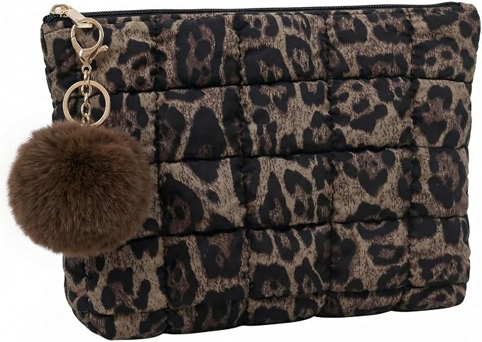 Leopard Puffer Quilted Makeup Bag for Women with Furry Keychains - 10" Roomy Puffy Cosmetic Pouch, Travel Toiletry Organizer Bag (LP-Fu-BW)