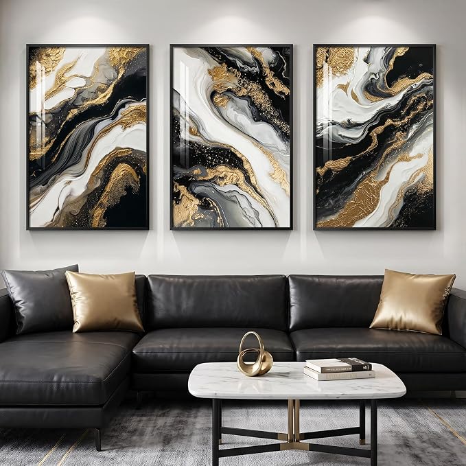 Large Framed Modern Abstract Luxury Wall Art Set, 3 Piece 24x36 In | Black white gold wall prints, Elegant marble pattern pictures, Living room bedroom dining room office wall decor