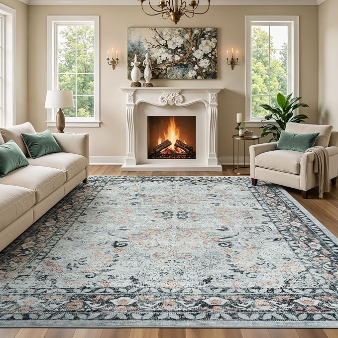 9x12 Area Rugs for Living Room, Washable Non-Slip Large Rugs, Grey/Blush | Soft Area Rug for Bedroom Dining Room Home Office Indoor Nursery, Stain Resistant, Low Pile, Vintage Distressed Rug