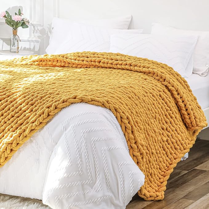Bigacogo Chunky Knit Throw Blanket for Couch, 40x80 inches, Mustard Yellow | Hand Knit with Jumbo Chenille, Soft Breathable Cable Knit for Sofa Bed Living Room, Machine Washable, Gift for Mom Friend
