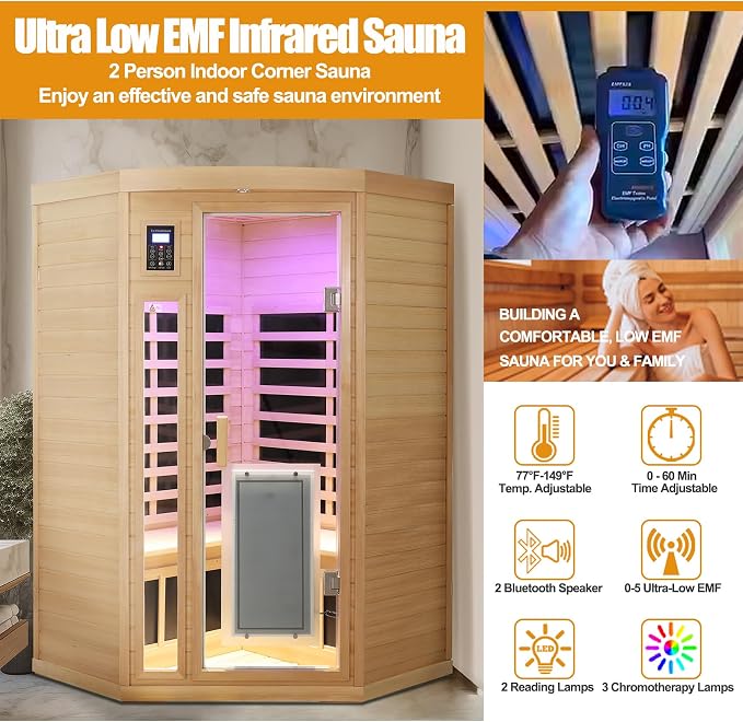 2 Person Infrared Sauna 0-5mG Ultra Low EMF Infrared Sauna Far Infrared Sauna Canadian Hemlock Indoor Corner Sauna with Front Door Heating Panel, Chromotherapy Light