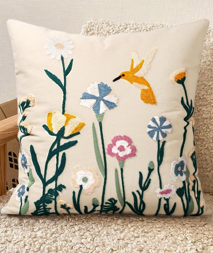 Embroidered Throw Pillow Cover 18x18 Inch, Flower Bird | Decorative Pillow Cover, Floral Cottagecore Cushion Case with Hidden Zipper, Farmhouse Decor for Couch, Sofa, Living Room