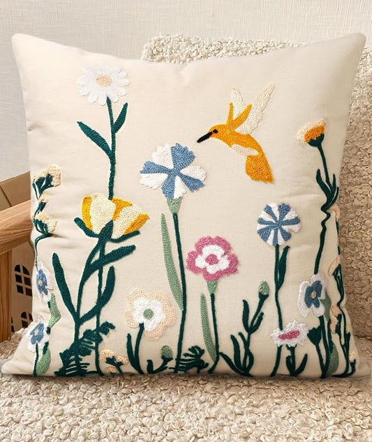 Embroidered Throw Pillow Cover 18x18 Inch, Flower Bird | Decorative Pillow Cover, Floral Cottagecore Cushion Case with Hidden Zipper, Farmhouse Decor for Couch, Sofa, Living Room