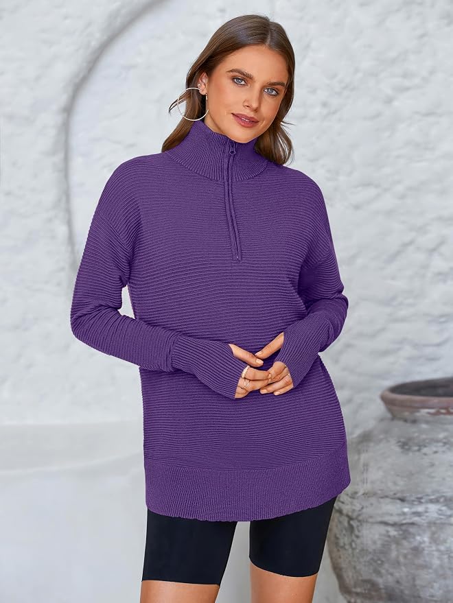 PRETTYGARDEN Womens Long Sleeve Quarter Zip Pullover Sweater Casual Loose V Neck Collared Ribbed Knit Jumper Tops Thumb Hole