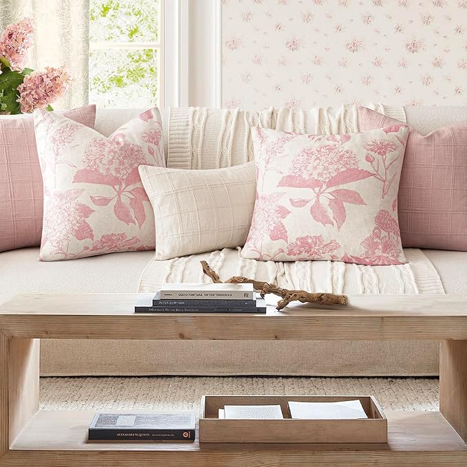Foindtower Set of 2 Linen Floral Throw Pillow Covers Neutral Vintage Print Decorative Cozy Cushion Covers Farmhouse Boho Home Decor for Sofa Chair Couch Bedroom Living Room,20×20 Inch,Light Pink