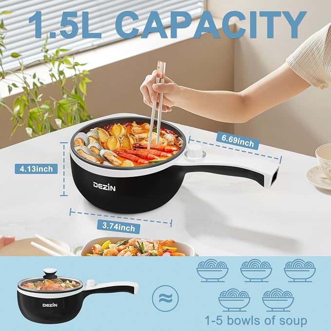 Dezin Hot Pot Electric with Steamer, 1.5L Non-Stick Portable Electric Pot | Dual Power, Upgraded 700W Electric Pot for Cooking Steak, Egg, Oatmeal, Ramen Cooker for Dorm, Travel, RV, Office, Black Pan