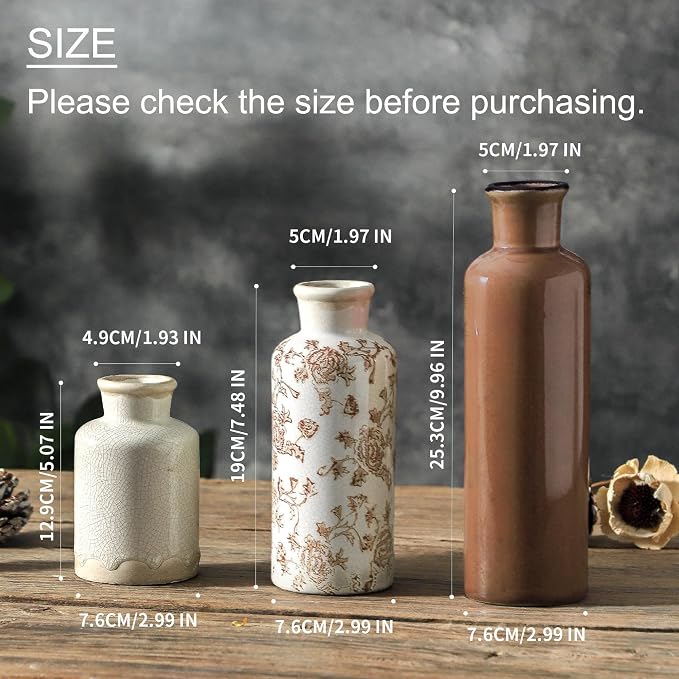 Vintage Vase Set of 3, Ceramic Vintage Flower Vases, Chinoiserie Decorative Home Decor Retro Floral Vase Rustic Farmhouse Decor for Table Bookshelf Mantel Kitchen Living Room Office - Brown