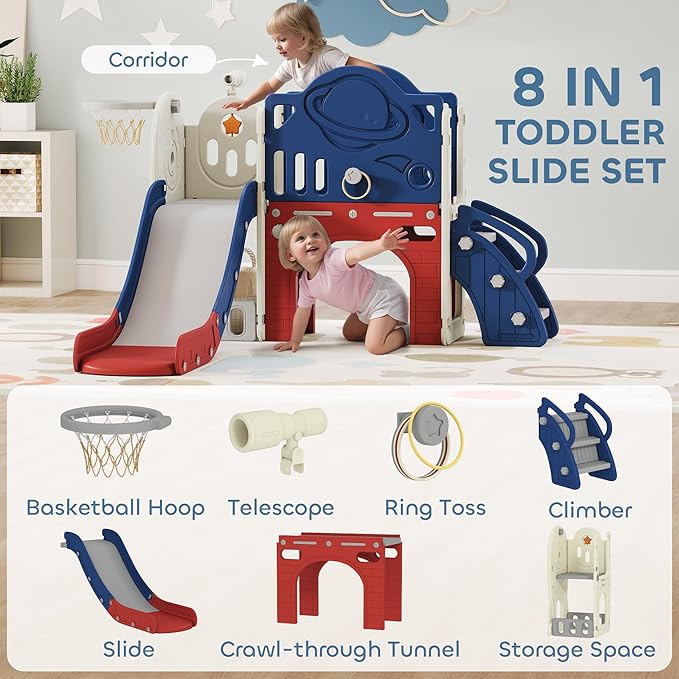 Qaba 8 in 1 Toddler Slide Set, Kids Climber Slider with Basketball Hoop and Ball, Ring Toss, Telescope, Storage, Outdoor Indoor Playground for Toddlers Aged 1-6