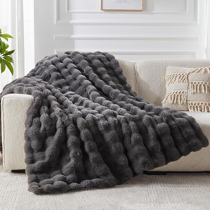 Faux Fur Throw Blanket for Couch, 1000 GSM Cozy Fuzzy Fluffy Soft Plush Thick Bubble Sherpa Blanket for Sofa Bedroom Living Room, Mothers Day Birthday Gifts for Women Home Decor