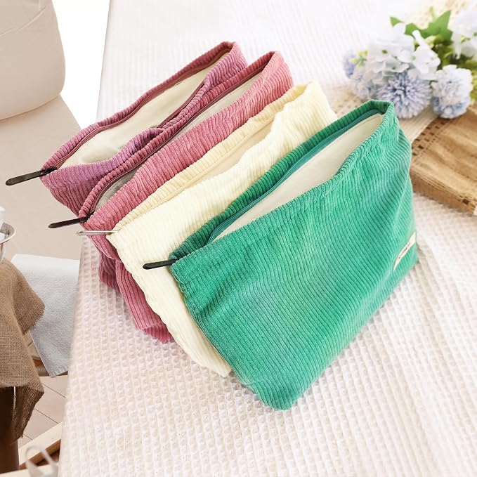 ZLFSQR Corduroy Makeup Bag for Women Small Corduroy Cosmetic Bag Large Cute Travel Makeup Pouch for Purse Green Cloth Cosmetic Pouch Zipper Storage Organizer Canvas Toiletry Bags