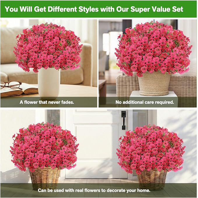 13 Bundles Artificial Flowers for Outdoors Summer Decoration | Silk Realistic UV Resistant Fake Plants Faux Flowers for Outside Planter Porch Yard Patio Garden Home Indoor, Rose