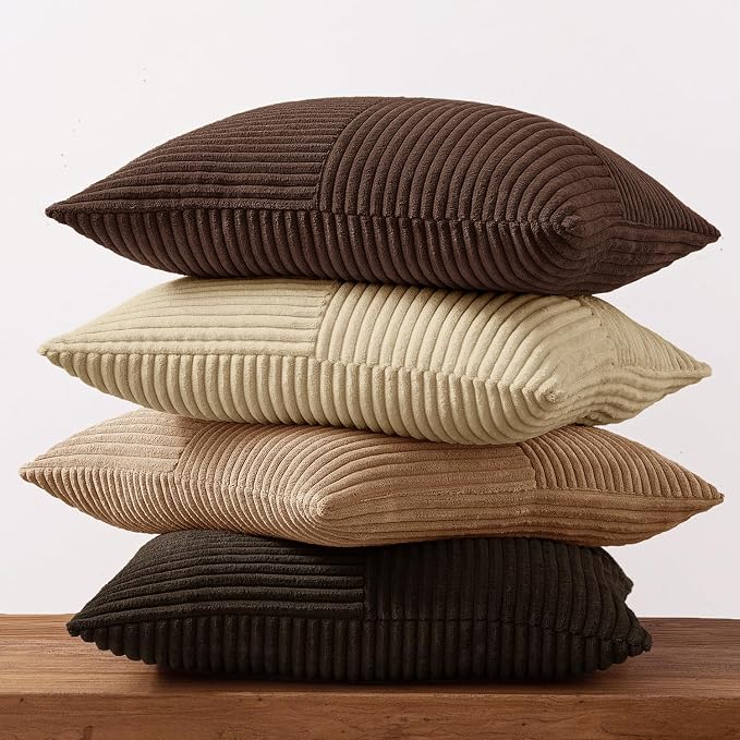 MIULEE Boho Decorative Throw Pillow Covers 18x18 Set of 4 Farmhouse Neutral Cushion Cases Gradient Corduroy Pillow Cases Modern Soft Corduroy Patchwork Home Decor for Couch Sofa Bedroom Dark Brown