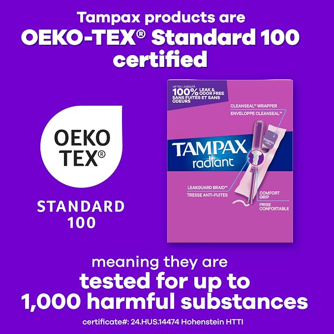 Tampax Radiant Tampons Multipack with Leakguard Braid, Regular/Super Absorbency, with Leakguard Braid, Unscented, 28 Count (Pack of 2)