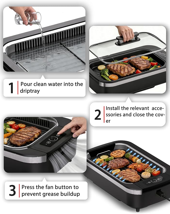 Smokeless Indoor Grill, COWSAR 1500W Electric Grill Indoor with Drip Tray & Tempered Glass Lid, Portable Non-Stick Korean BBQ Grill, 6-Level Control, 90 Min Auto Timer, Dishwasher Safe, Black