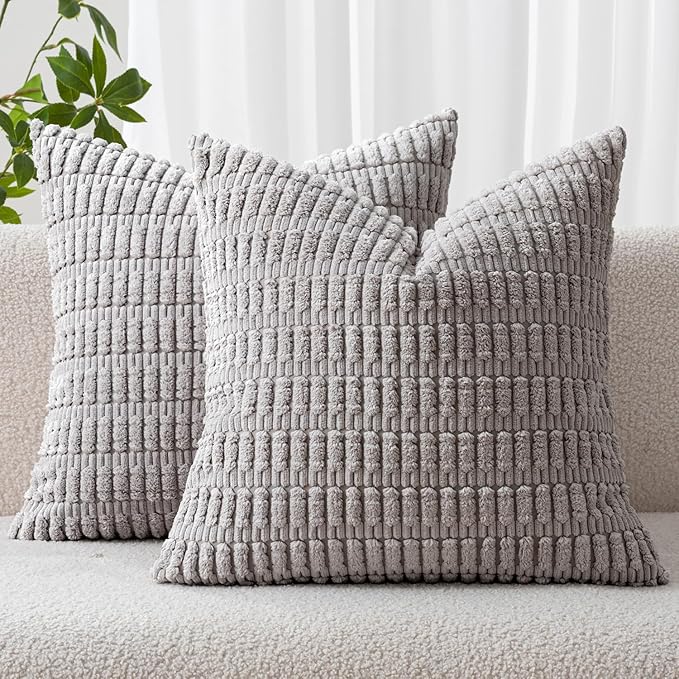MIULEE Corduroy Decorative Throw Pillow Covers 20x20 Light Grey Pack of 2 | Soft Boho Striped Pillow Covers Modern Farmhouse Home Decor For Sofa Living Room Couch Bed