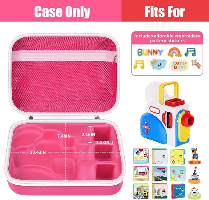 Case Compatible with Little Tikes Story Dream Machine Starter Set, Toys Storage Bag with 5 DIY Embroidery Patches, Organizer for Projector Storytime Books and Audio Character- Pink Letters (Box Only)