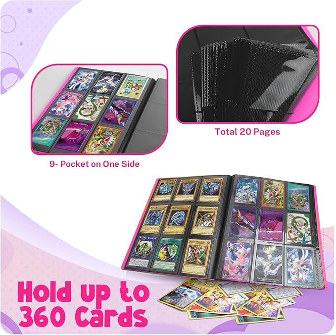 Card Binder, 9 Pocket Trading Card Album Folder,20 Pages, 360 Card Capacity Sports Card Binder, Premium Card Binders Compatible with MTG, TCG, Baseball Cards (Rose Red)