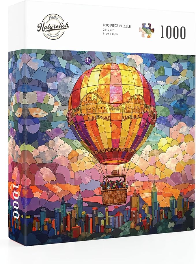 Puzzles for Adults 1000 Pieces - Stained Glass Hot Air Balloon: City in The Clouds, Challenging Jigsaw Puzzles Perfect for Game Night, Gift Giving, Size 24x24 in