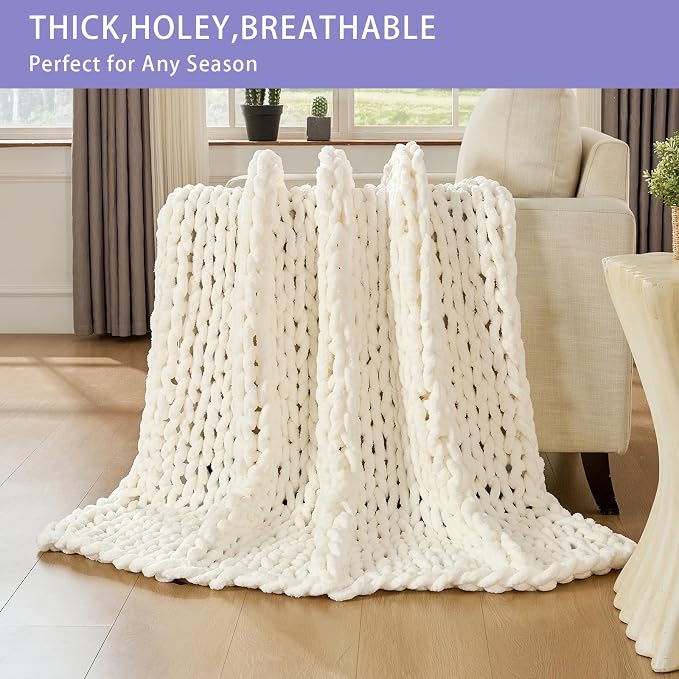 Bigacogo Chunky Knit Throw Blanket for Couch, 60x80 inches, Ivory | Hand Knit with Jumbo Chenille, Soft Breathable Cable Knit for Sofa Bed Living Room, Machine Washable, Gift for Mom Friend