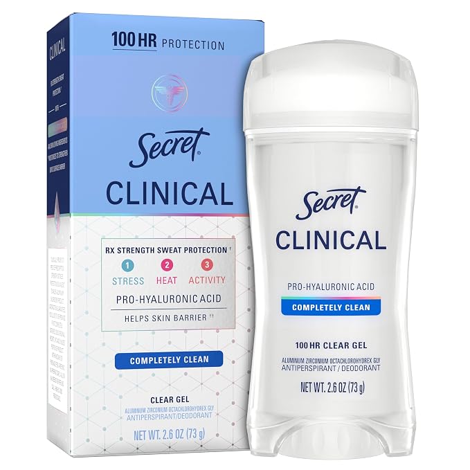 Secret Clinical Strength 100HR Sweat & Odor, Clear Gel Antiperspirant Deodorant for Women, 3X Stress Protection with Hyaluronic Acid, PH Balancing Minerals, Completely Clean Scent, 2.6 oz (Pack of 12)