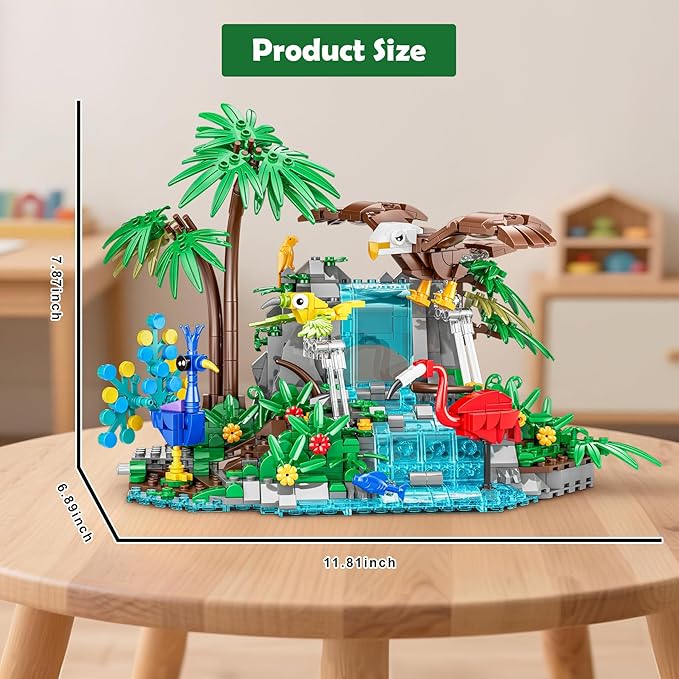 Rainforest Animal Building Set - 898PCS Jungle Theme Building Toy with Waterfall & Botanicals, Animal Sets Eagle, Flamingo & Peacock, STEM Educational Gift for Adults