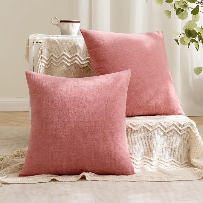 MIULEE Coral Red Chenille Couch Throw Pillow Covers, 18x18 | Set of 2, Soft Romantic, Farmhouse Modern Home Decor, Decorative Pillowcases for Sofa Living Room Bed