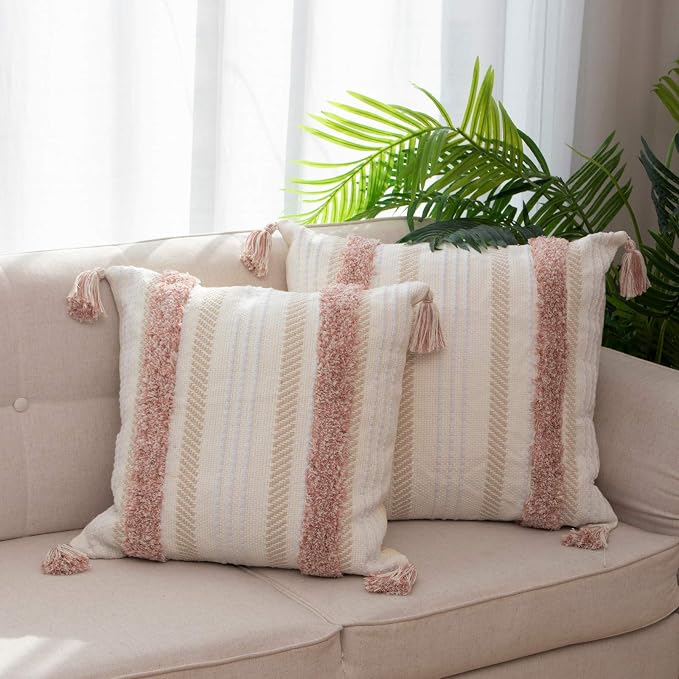 Boho Tufted Square Pillow Cover 22 × 22 in – Neutral Pink | Woven Farmhouse Accent Decorative Throw Pillow Cover with Tassels & Invisible Zipper for Couch, Bed or Living Room