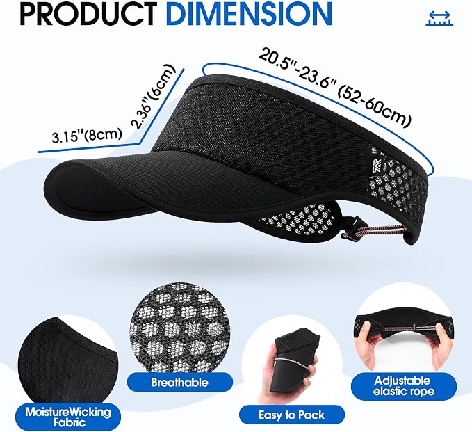 AUSFLUG Sun Visor Hat Men Women - Moisture Wicking Lightweight Sports Cap | Quick dry breathable mesh, adjustable ponytail strap, sun blocking for golf, tennis, pickleball, running, beach, hiking
