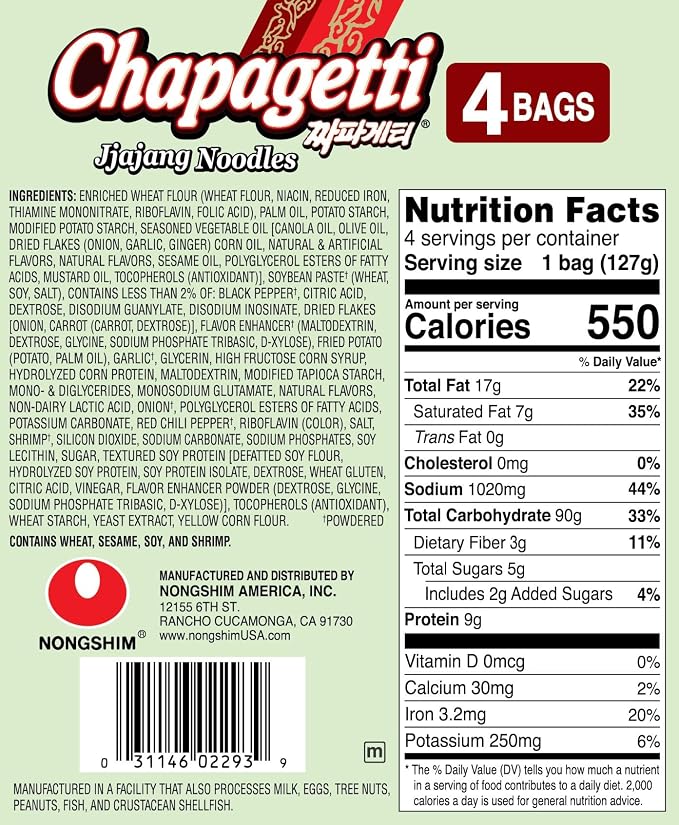 Nongshim Ramen Noodles, Gourmet Instant Ramen, Premium Microwavable Noodle, Chapagetti, 4.5 Ounce (Pack of 4)