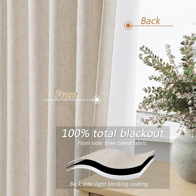 Guken Extra Long 100% Blackout Linen Curtains for Bedroom 108 inches Long, Thermal Insulated Room Darkening Black Out Drapes for Living Room, Back Tab Rod Pocket 2 Panels Set,Cream Beige,52x108
