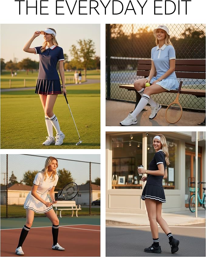Mudere Golf Outfits for Women Tennis Skirt Set Polo Top Pleated Skort | Ribbed Short Sleeves, Built-In Shorts, Side Pocket, Nylon Spandex Blend, Pickleball Running Dress, Versatile Athletic Wear