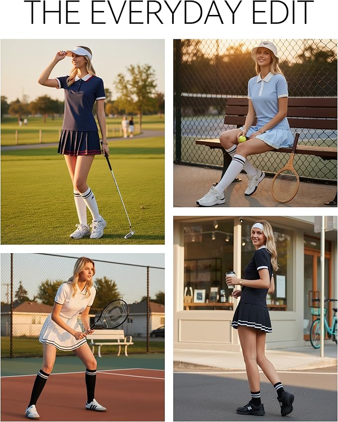Mudere Golf Outfits for Women Tennis Skirt Set Polo Top Pleated Skort | Ribbed Short Sleeves, Built-In Shorts, Side Pocket, Nylon Spandex Blend, Pickleball Running Dress, Versatile Athletic Wear